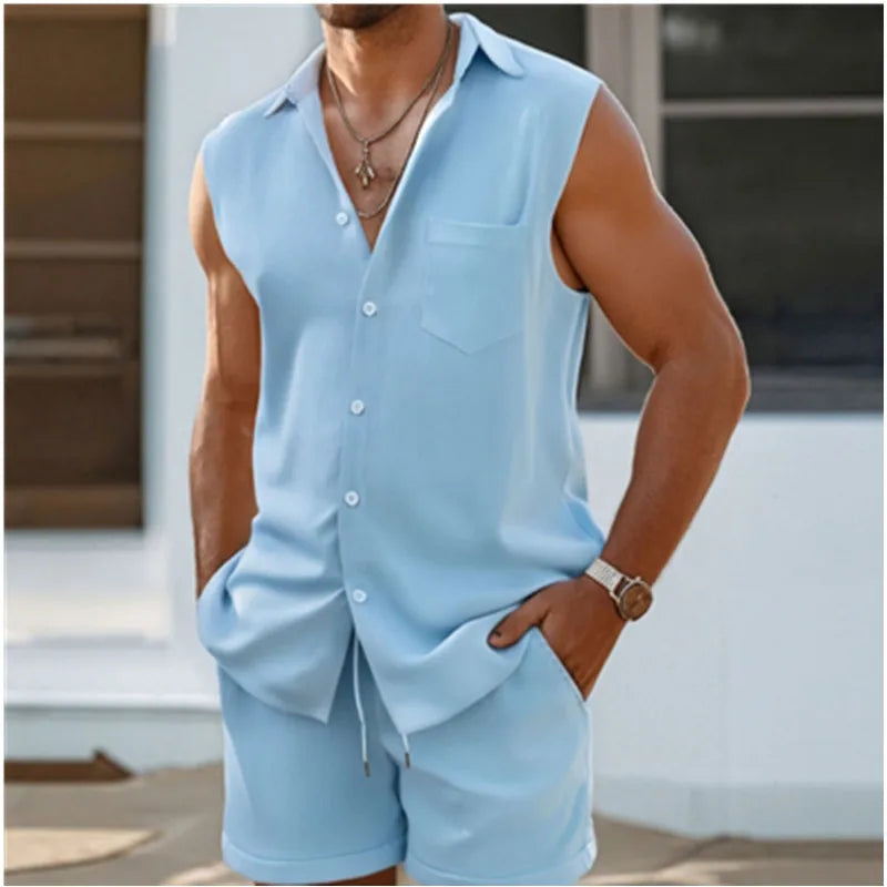 New Summer 2 Piece Casual Everyday Men'S Lapel Tank Shorts Set Hawaiian Solid Color Sleeveless Shirt Men'S Beach Shorts