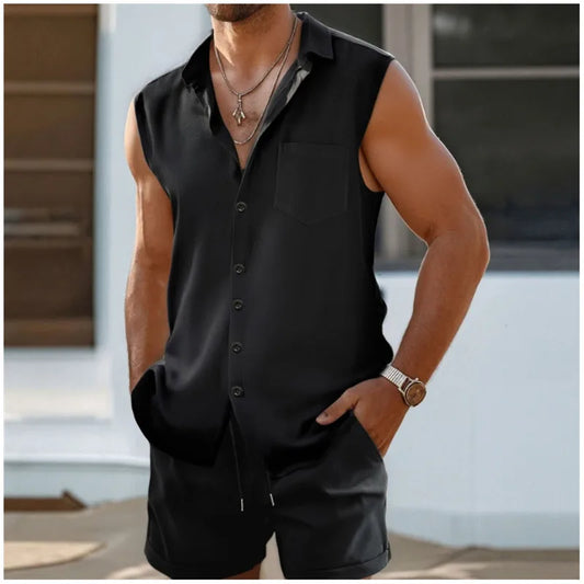 New Summer 2 Piece Casual Everyday Men'S Lapel Tank Shorts Set Hawaiian Solid Color Sleeveless Shirt Men'S Beach Shorts