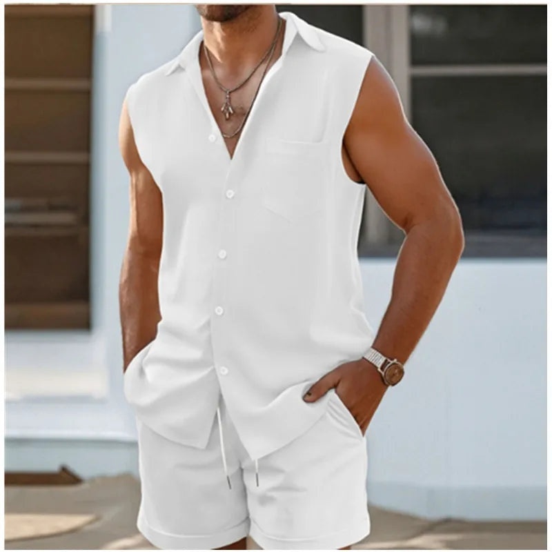 New Summer 2 Piece Casual Everyday Men'S Lapel Tank Shorts Set Hawaiian Solid Color Sleeveless Shirt Men'S Beach Shorts