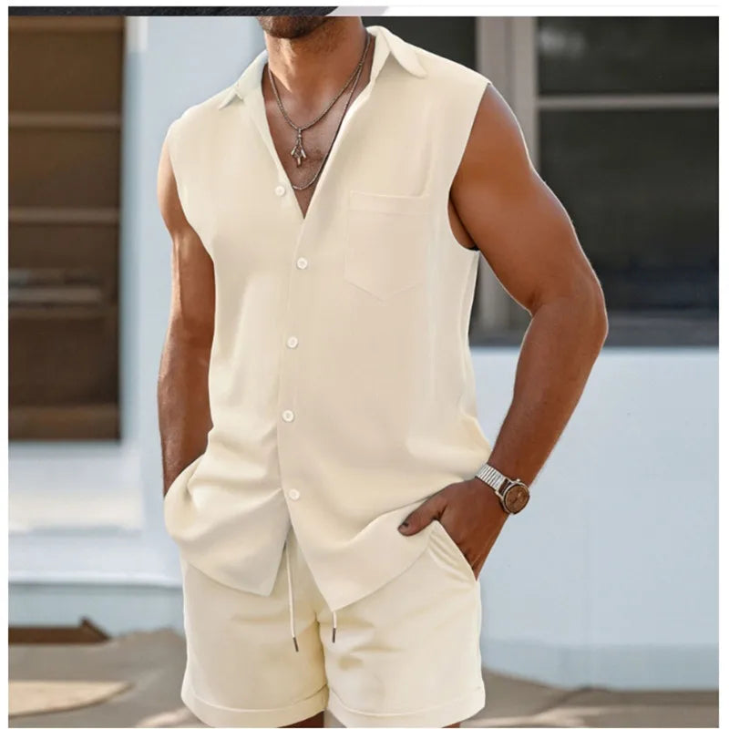 New Summer 2 Piece Casual Everyday Men'S Lapel Tank Shorts Set Hawaiian Solid Color Sleeveless Shirt Men'S Beach Shorts