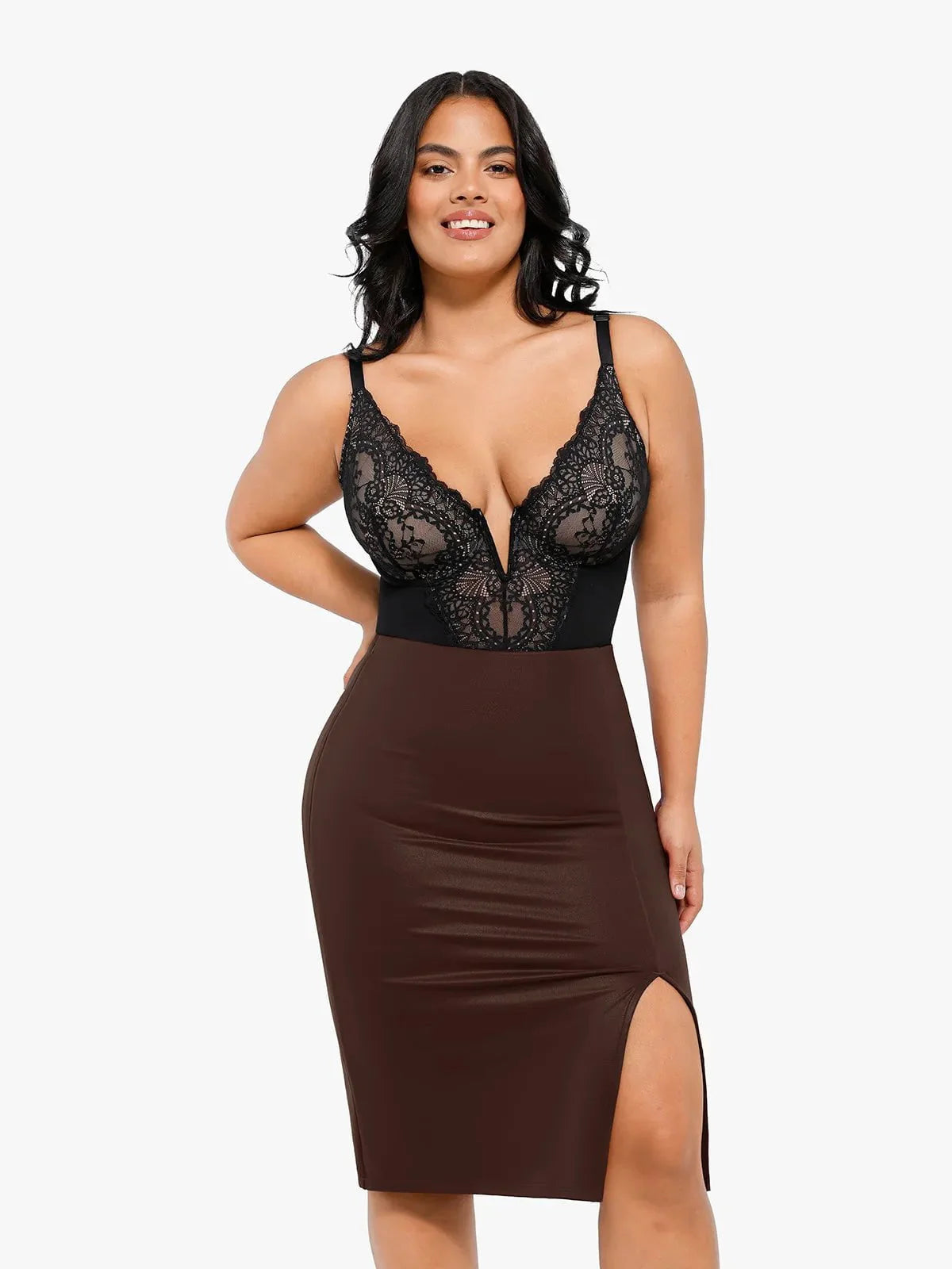 Elena | Shapewear Body med Blonder eller Imitert Skinnskjørt