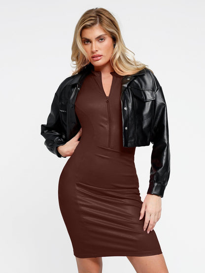 Nora | Shapewear Skulpterende Midikjole i Imitert Skinn med Glidelås foran